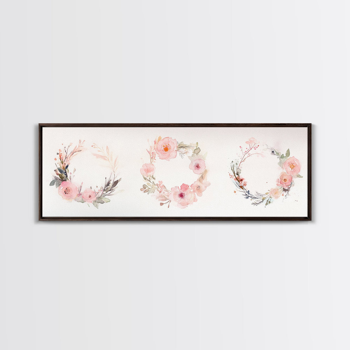 Wildflower Wreath Painting Framed Canvas Print in Pastel Pink and Green, Vertical Rustic Farmhouse Artwork, Botanical Gift Idea