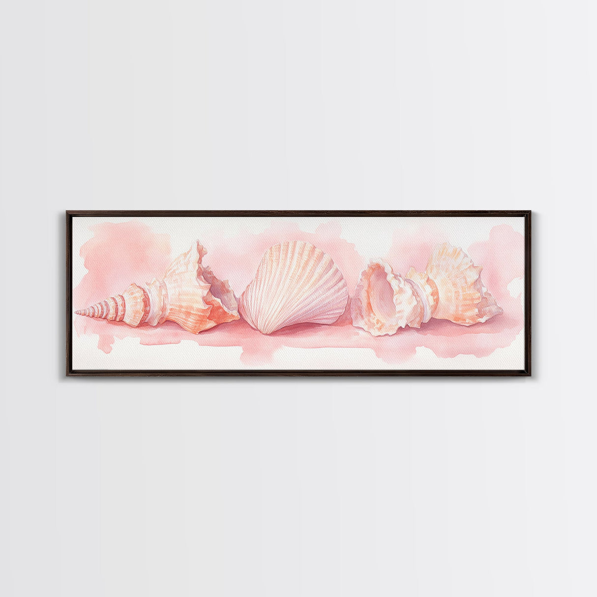 Shell Painting Framed Canvas Print Featuring Coastal Shells in Pastel Pink, Nautical Decor Idea, Horizontal Coastal Artwork