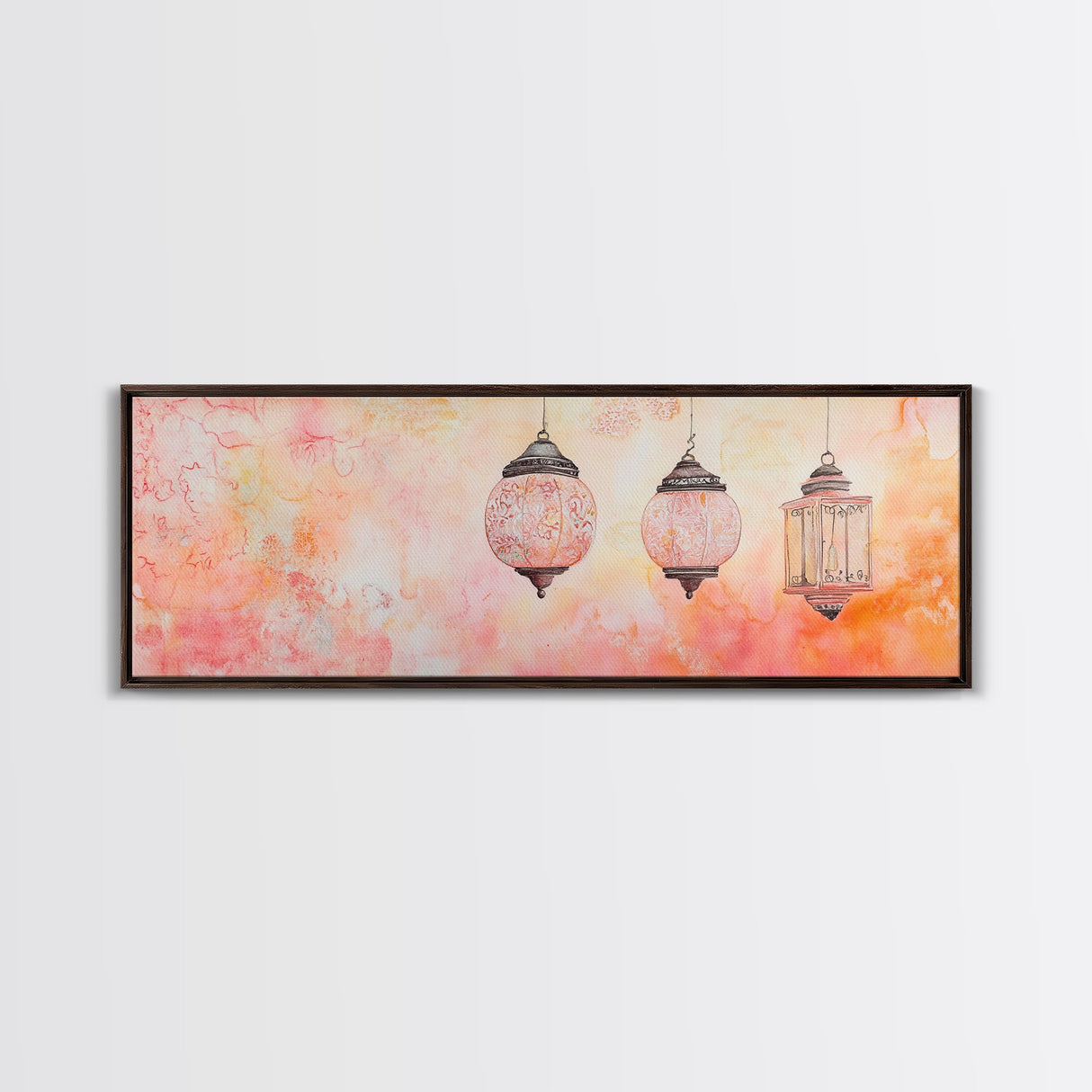 Moroccan Lanterns Canvas Print Pink Orange Wall Art Boho Decor Rustic Living Room Artwork Horizontal Farmhouse Style Gift Idea