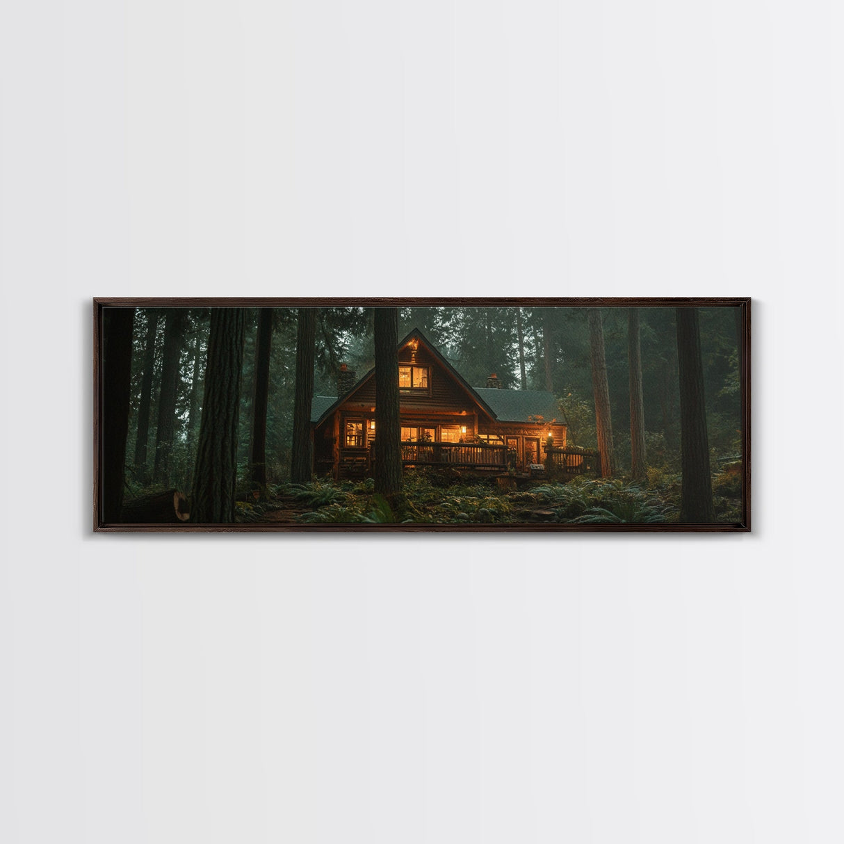 Warm Forest Cabin Framed Canvas Print, Rustic Decor Wall Art, Cozy Woodland Scene Painting, Moody Autumn Landscape, Living Room Art Piece