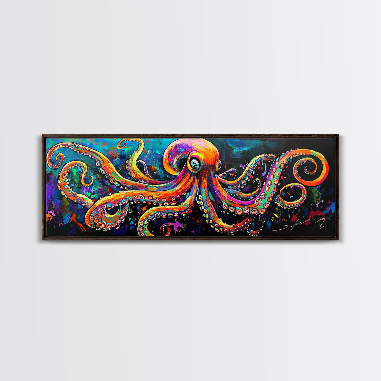 Octopus Art Canvas Print with Bright Neon Colors, Whimsical Art, Coastal Decor, Nautical Wall Art, Tall Skinny Art, Above Bed Wall Art