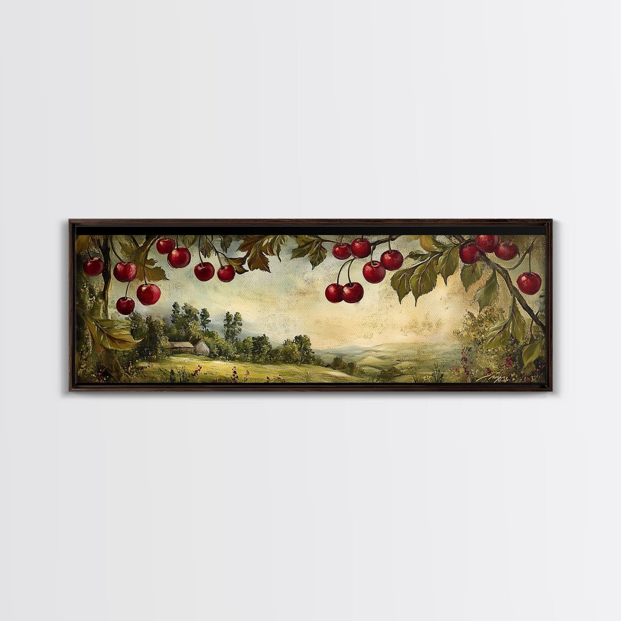 Framed Canvas Print Cherries Wall Art Panoramic Rustic Decor Living Room Horizontal Landscape Art Farmhouse Gift Idea Painting