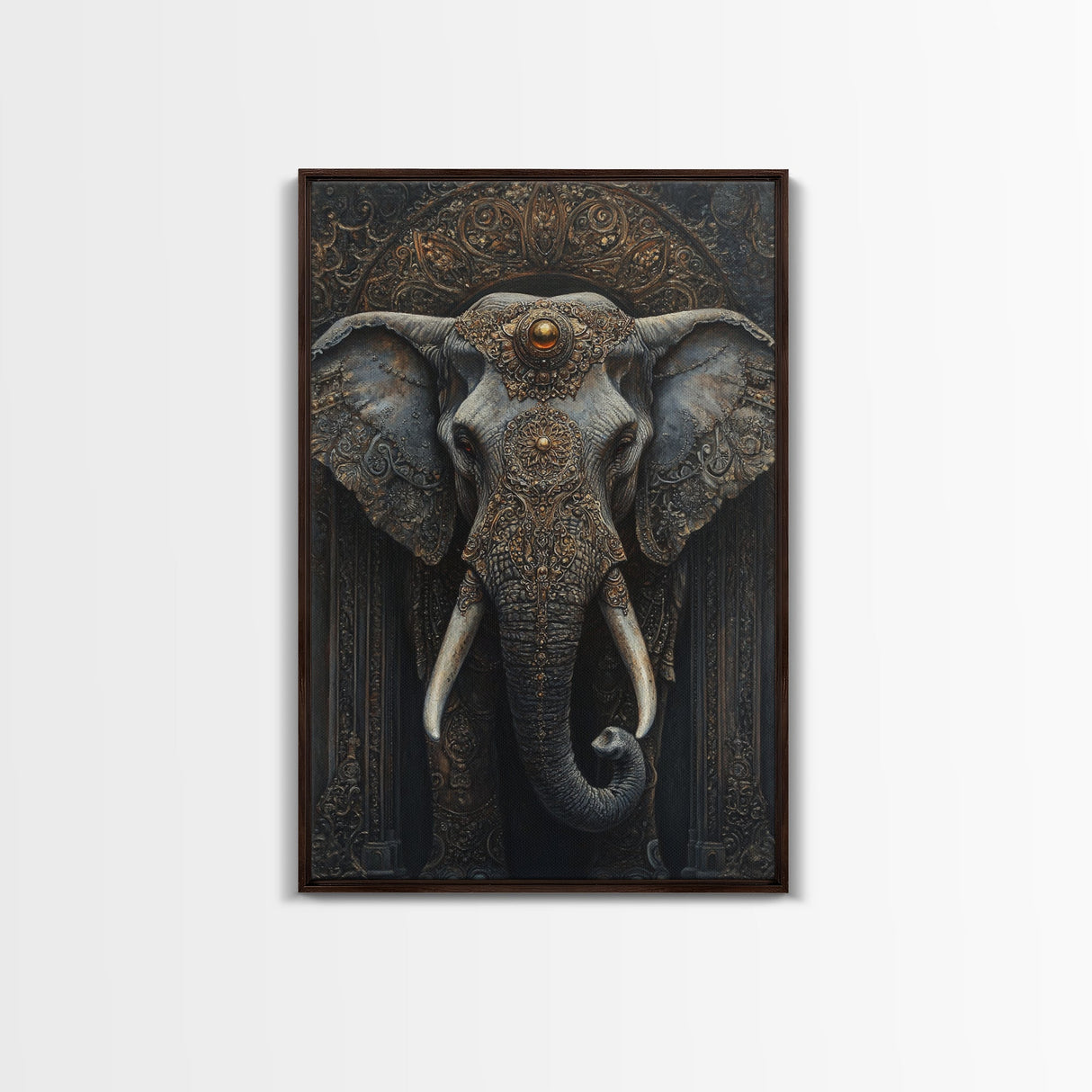 Ornate Elephant Kerala Mural Framed Canvas Print – Ganesh Wall Art, Sacred Geometry Art, Indian Inspired Decor Rustic Living Room Art