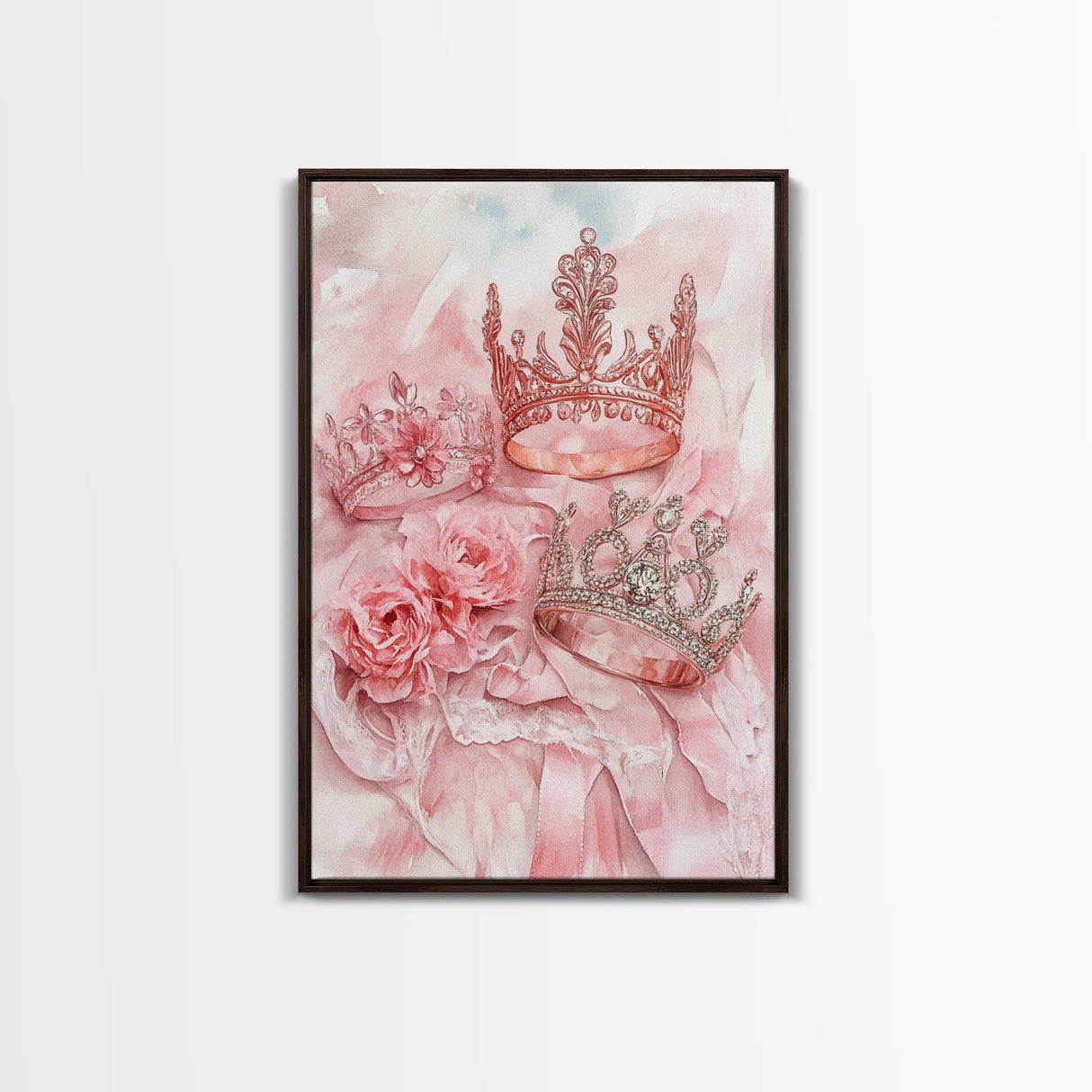 Elegant watercolor crowns and roses painting, framed canvas print, rose painting, goddess art print, chic pink wall art for living room
