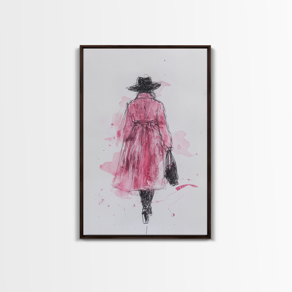 Woman in Coat Framed Canvas Print Light Pink Wall Art Moody Minimalist Fashion Illustration Rustic Aesthetic Unique Gift Idea