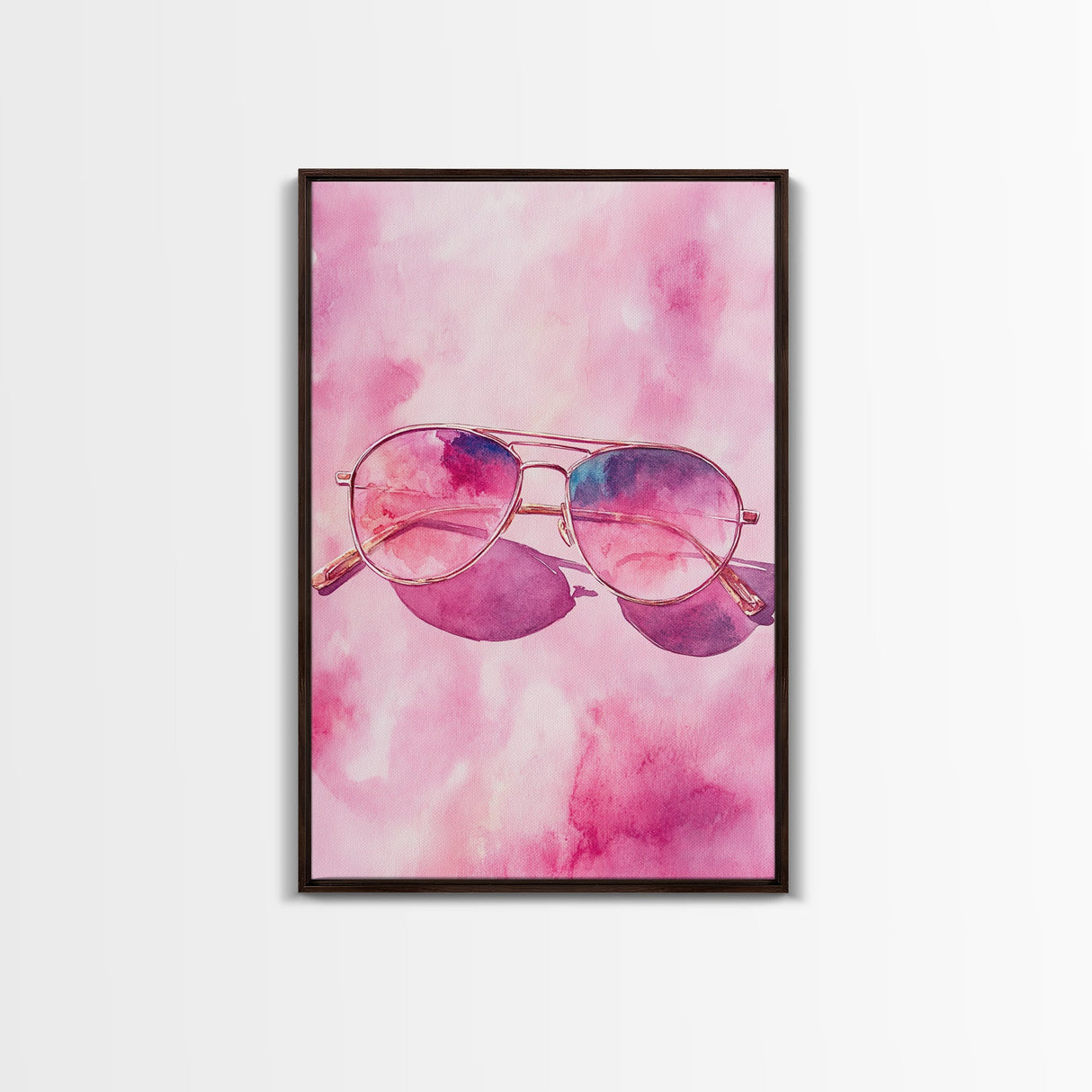 Stylish pink sunglasses painting featuring framed canvas print, pink wall art, boho art, above sofa art, modern living room decor