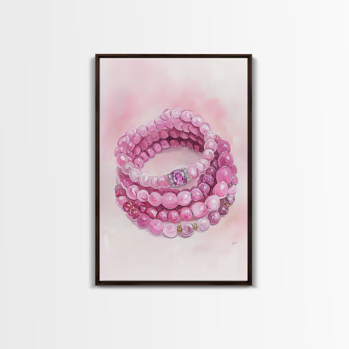 Pink Gemstone Bracelet Painting Framed Canvas Print, Whimsical Jewelry Art Light Pink Decor, Feminine Bedroom or Gift Aesthetic