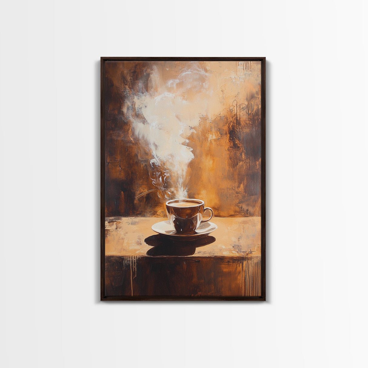 Rustic Steaming Coffee Framed Canvas Print | Warm Coffee Wall Art | Cozy Kitchen Art | Espresso Painting | Coffee Lover Gift Idea