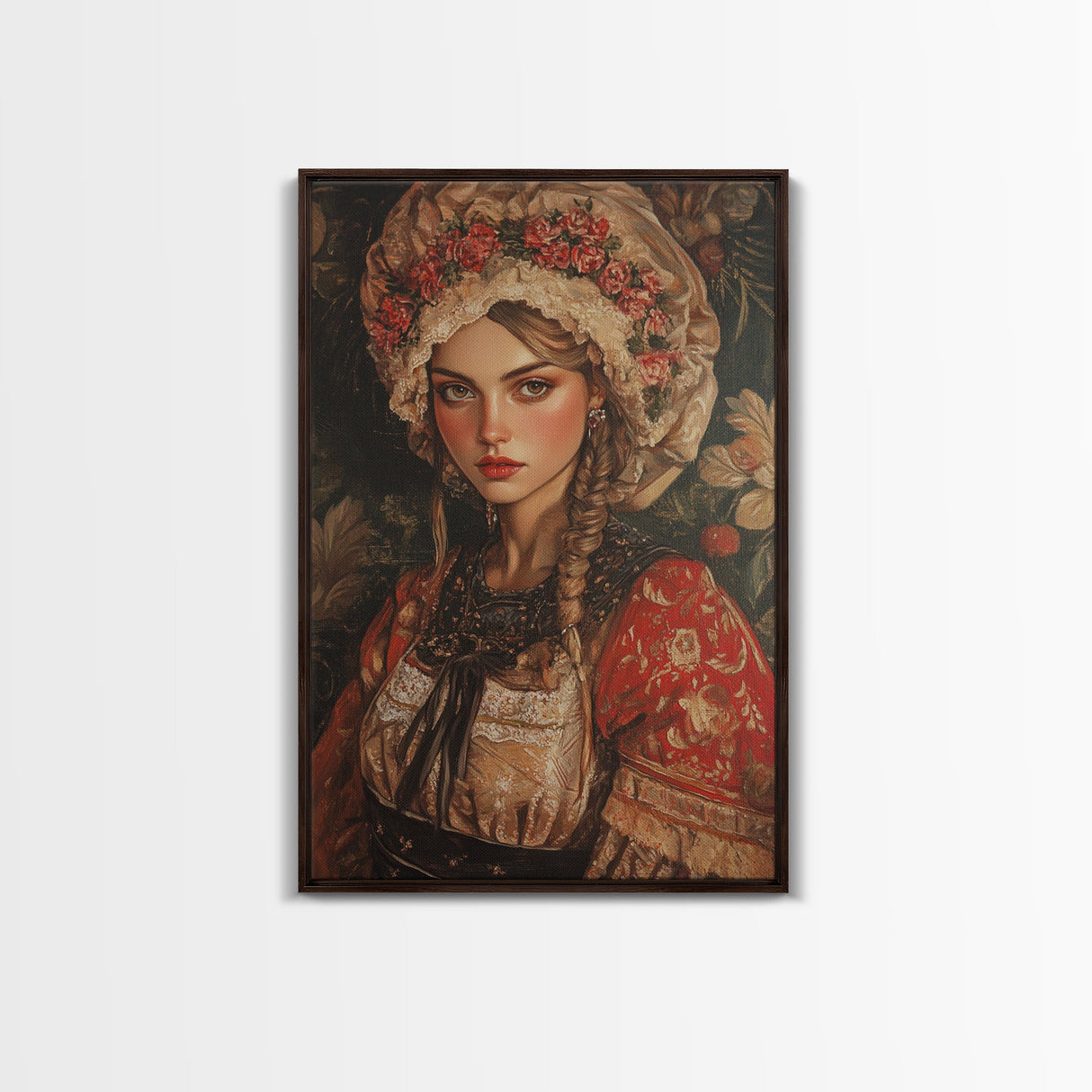 Vintage Folk Art Framed Canvas Print Featuring European Woman in Garden with Rustic Boho Aesthetic, Perfect Gift Idea for Her