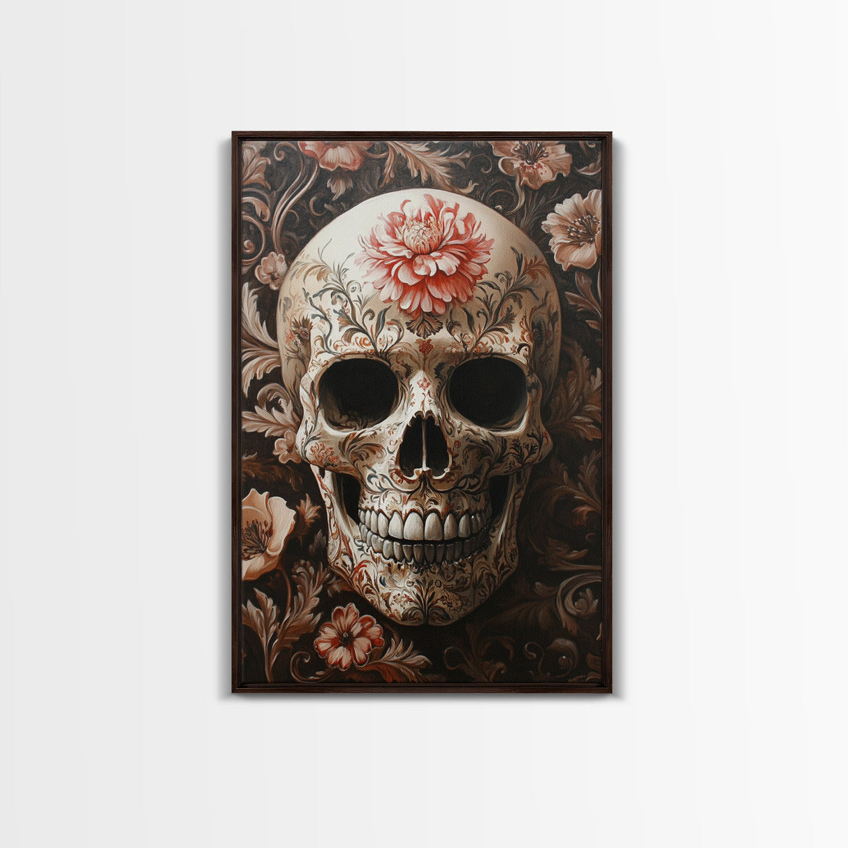 Skull Art Framed Canvas Print with Floral Botanical Prints in Gothic Chinoiserie Style, Perfect Halloween Rustic Wall Art Decoration