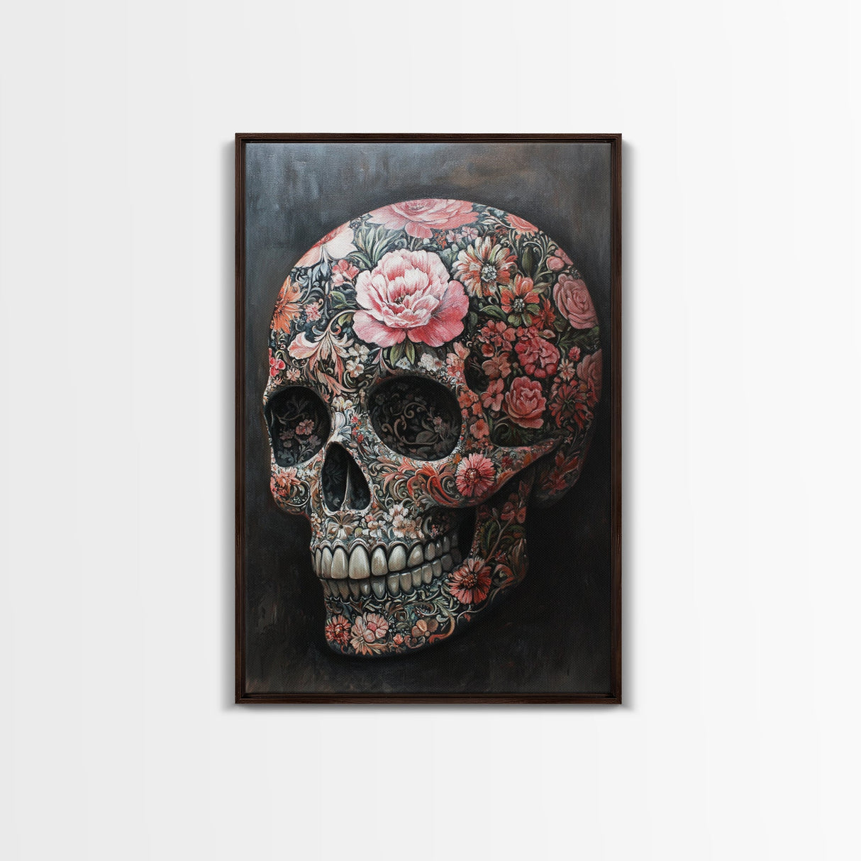 Skull Art Framed Canvas Print with Intricate Floral Patterns in Gothic Boho Style, Chinoiserie-Inspired Rustic Bedroom or Living Room Art