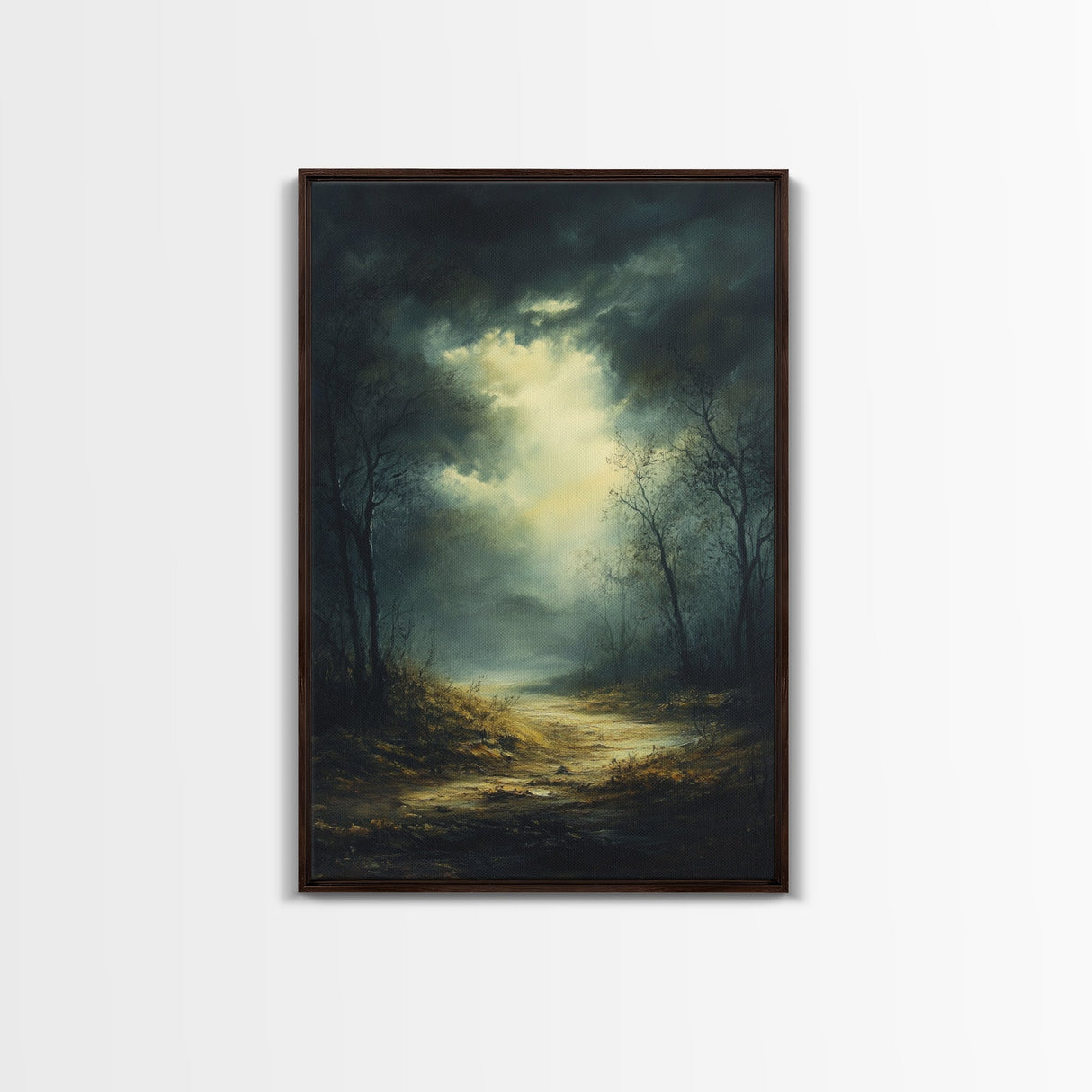 Forest at Dusk Framed Canvas Print with Moody Dark Romance Painting, Fall-Inspired Smoky Mountain Art Perfect Above Bed Wall Decor