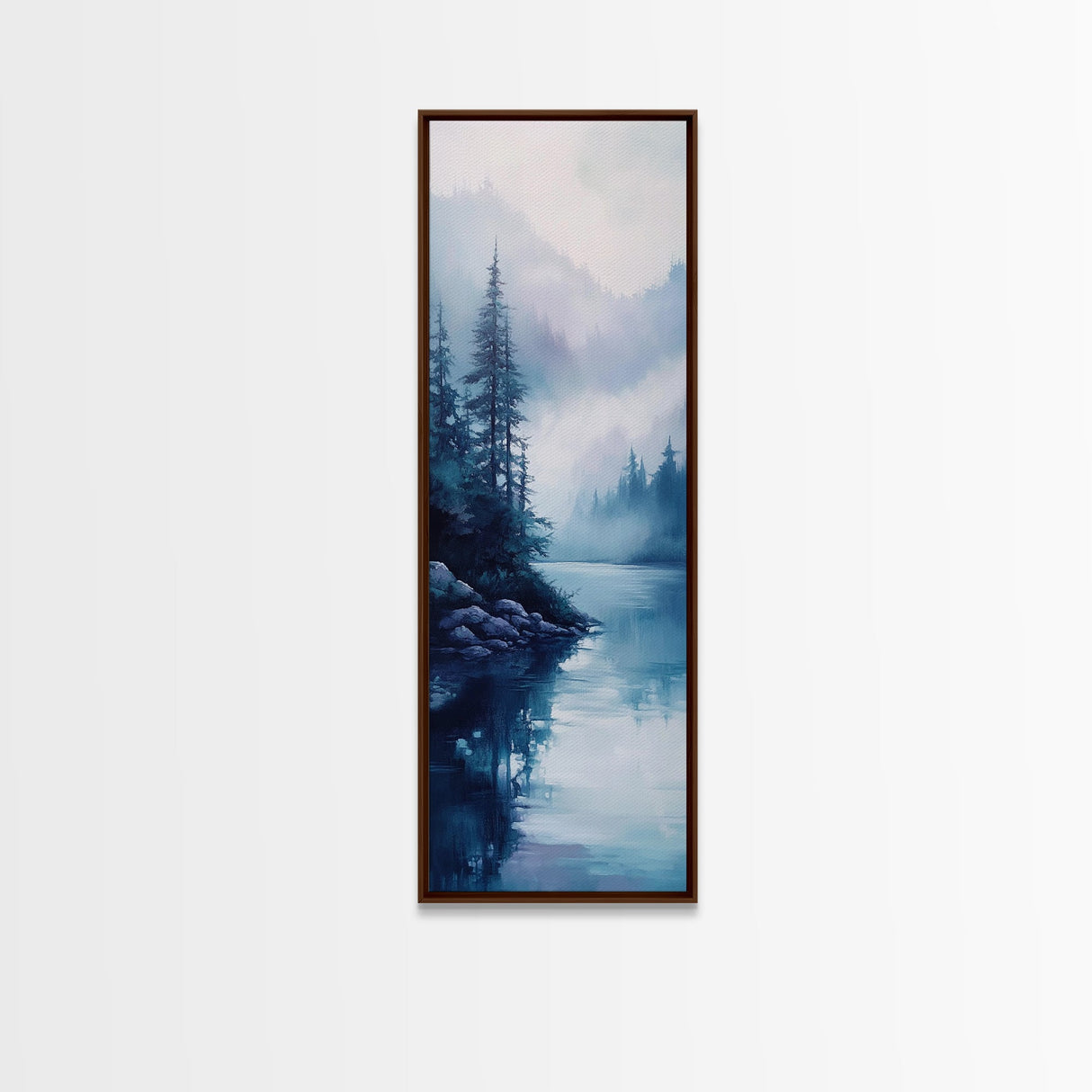 Foggy River, landscape painting, lake Tahoe art, blue and green wall art, pine tree art, zen wall art, Framed Canvas Print, bedroom art
