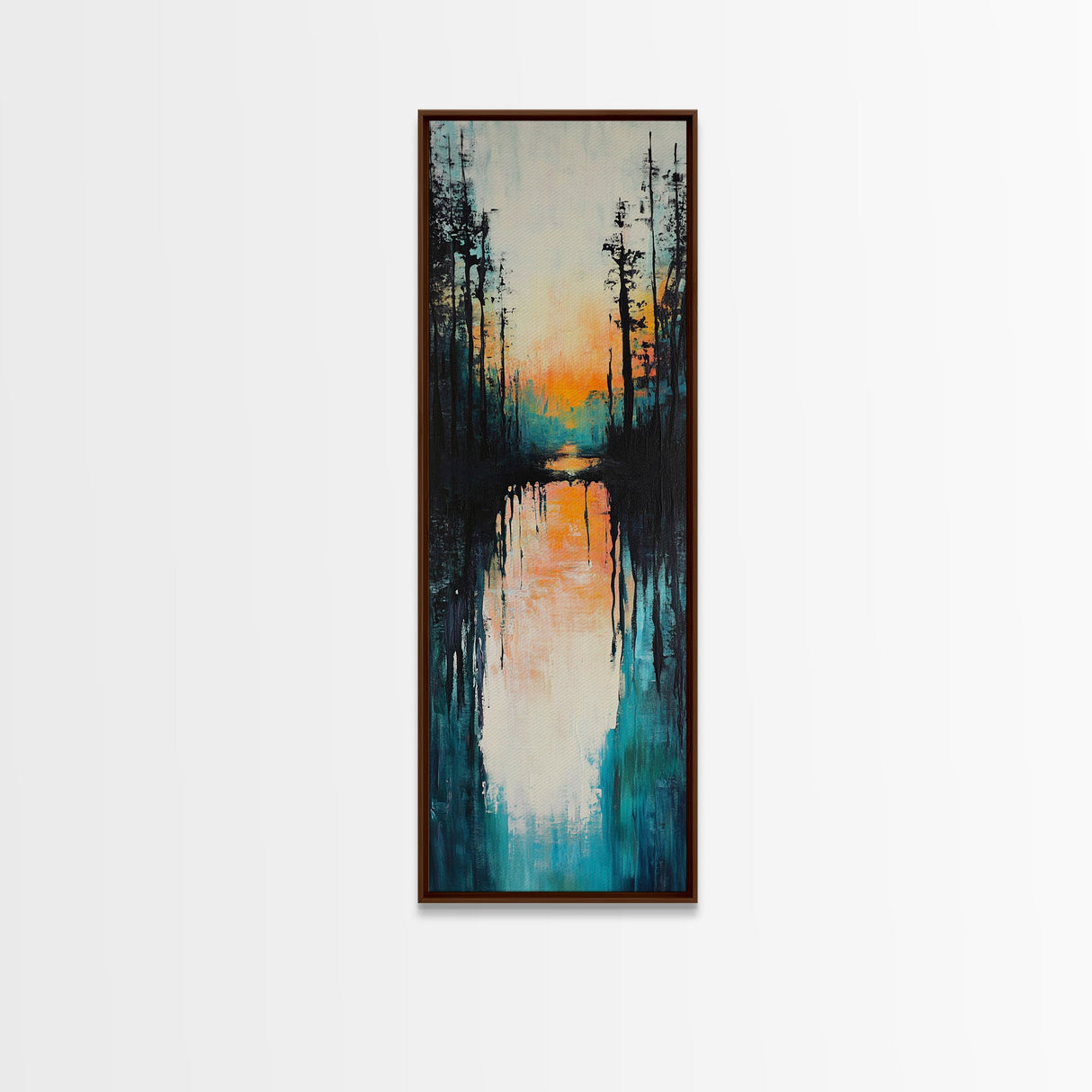 Sunset Reflection, coastal painting, pink orange wall art, lake Tahoe art farmhouse art, Framed Canvas Print, panoramic art