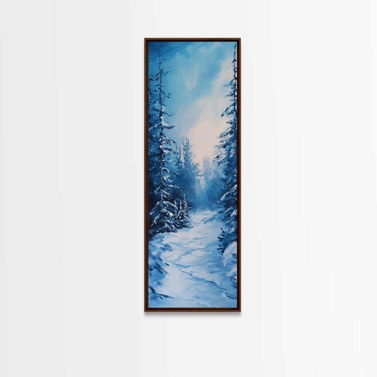 Winter Path, snowy pine tree art, moody art, Christmas wall art, wabi sabi art, landscape painting, Framed Canvas Print