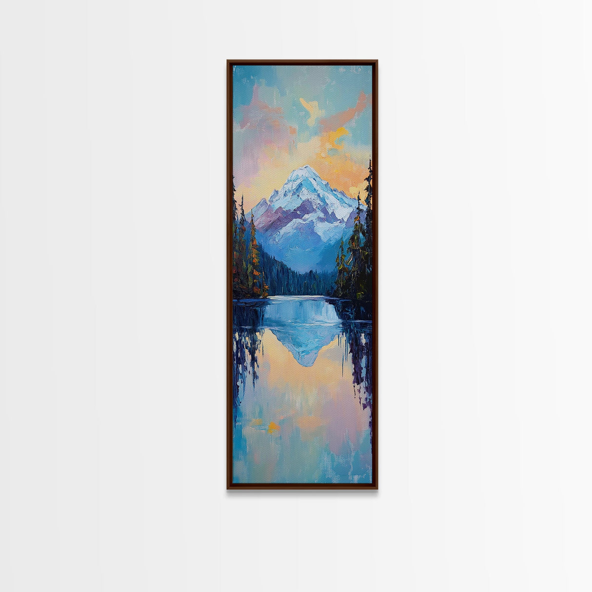 Sunset Mountain, lake Tahoe art, pine tree art, mountain painting, rustic wall art, above couch art, Framed Canvas Print