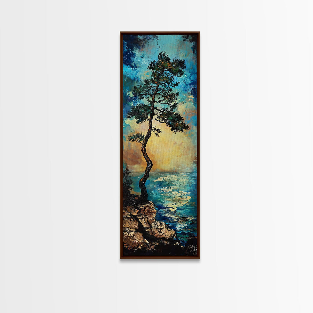 Windblown Pine, Ocean Painting, Moody Art, Coastal Landscape, Nautical Decor, Framed Canvas Print, Bedroom Art