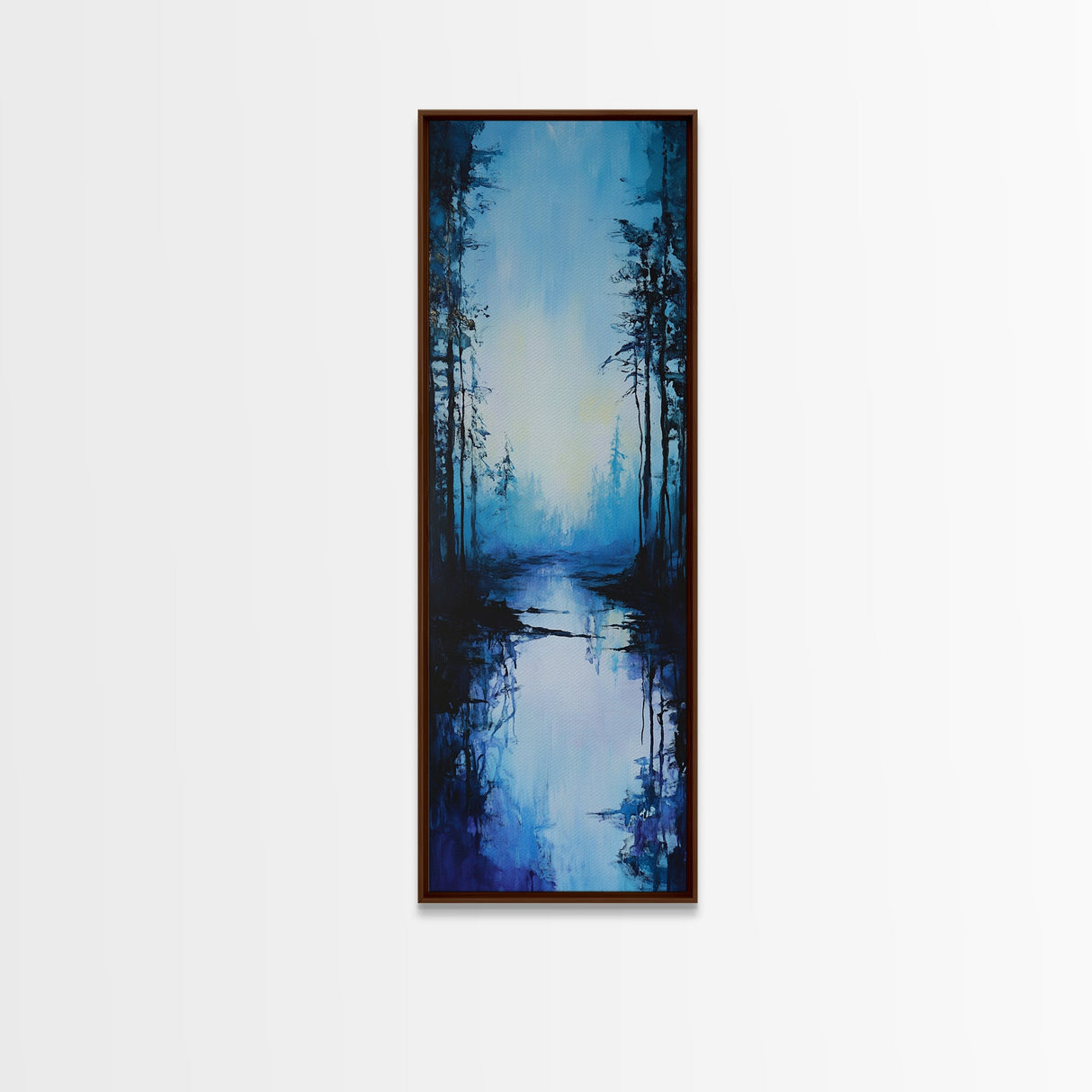 Misty Lake, Dark Forest, Moody Art, Landscape Painting, Minimalist Art, Blue and Green Wall Art, Framed Canvas Print, Vertical Wall Art