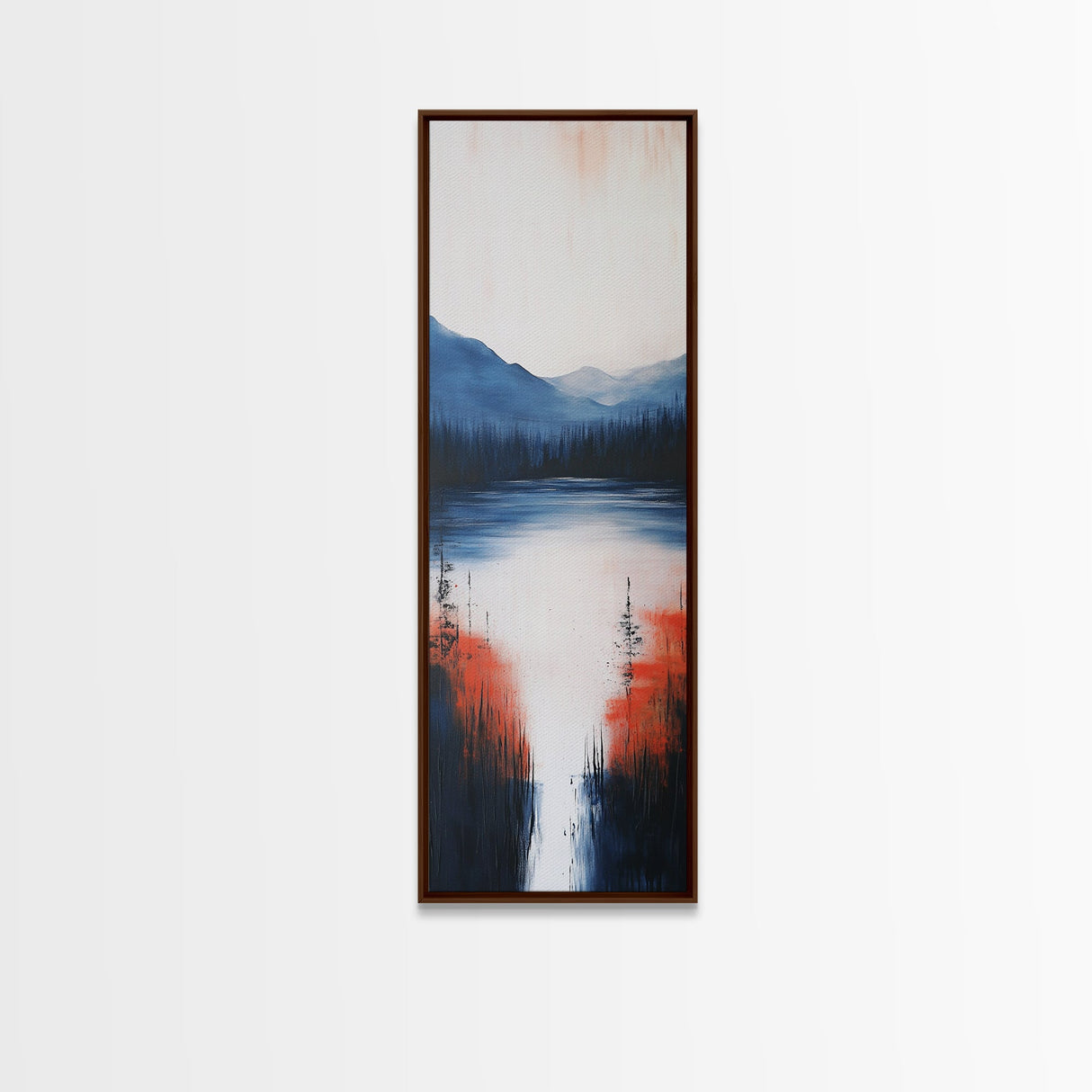 Misty Lake, smoky mountain art, landscape painting, wabi sabi wall art, moody art, blue and green wall art, Framed Canvas Print