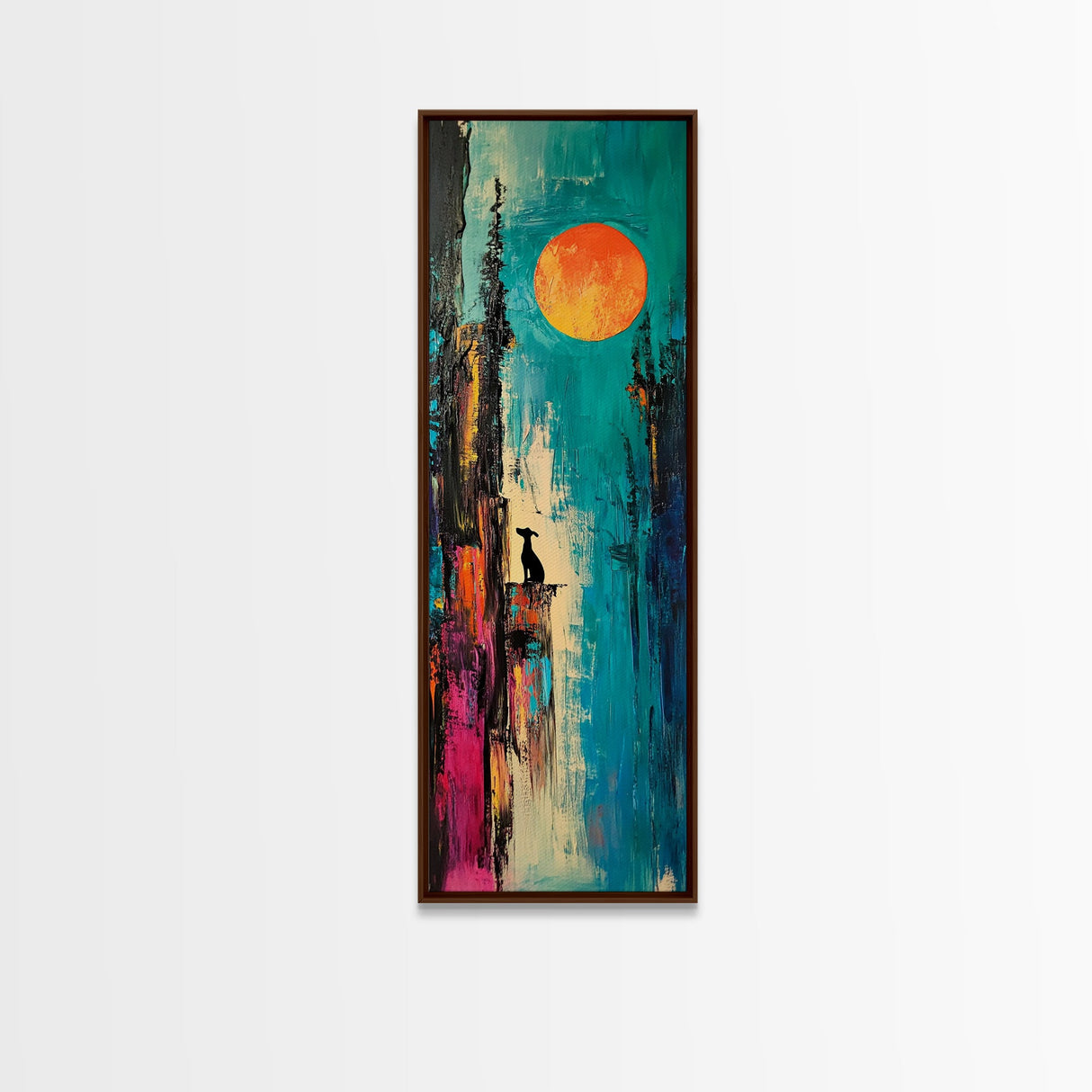 Lone Howl, southwest wall art, desert painting, moon oil painting, silhouette painting, rustic art, teal wall art, Canvas Print