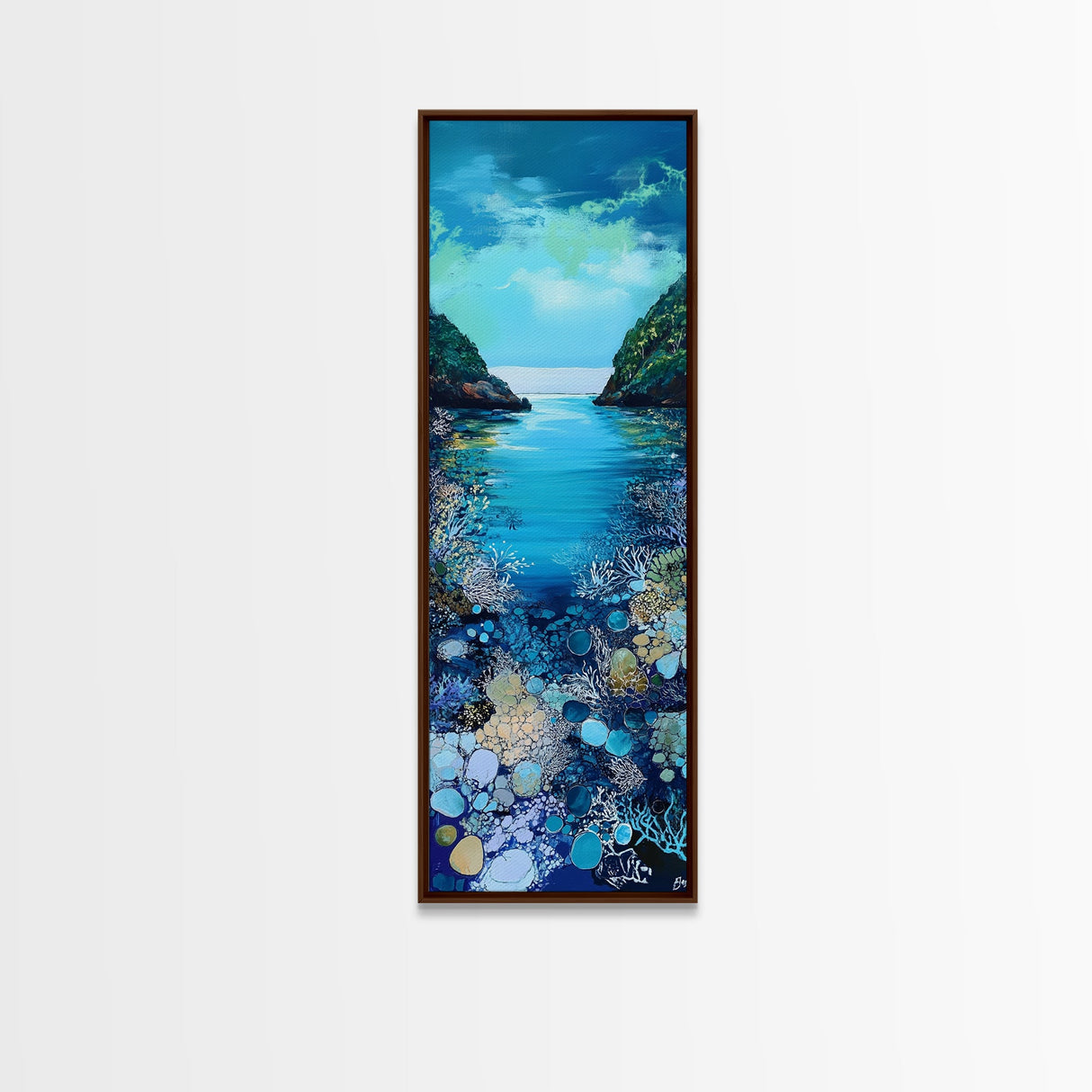 Underwater View, nautical painting, seascape painting, coral reef painting, blue and green wall art, Framed Canvas Print