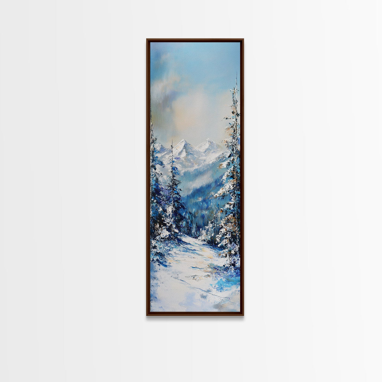 Snowy Mountain Path, winter landscape painting, mountain painting, pine tree art, rustic wall art, framed canvas print