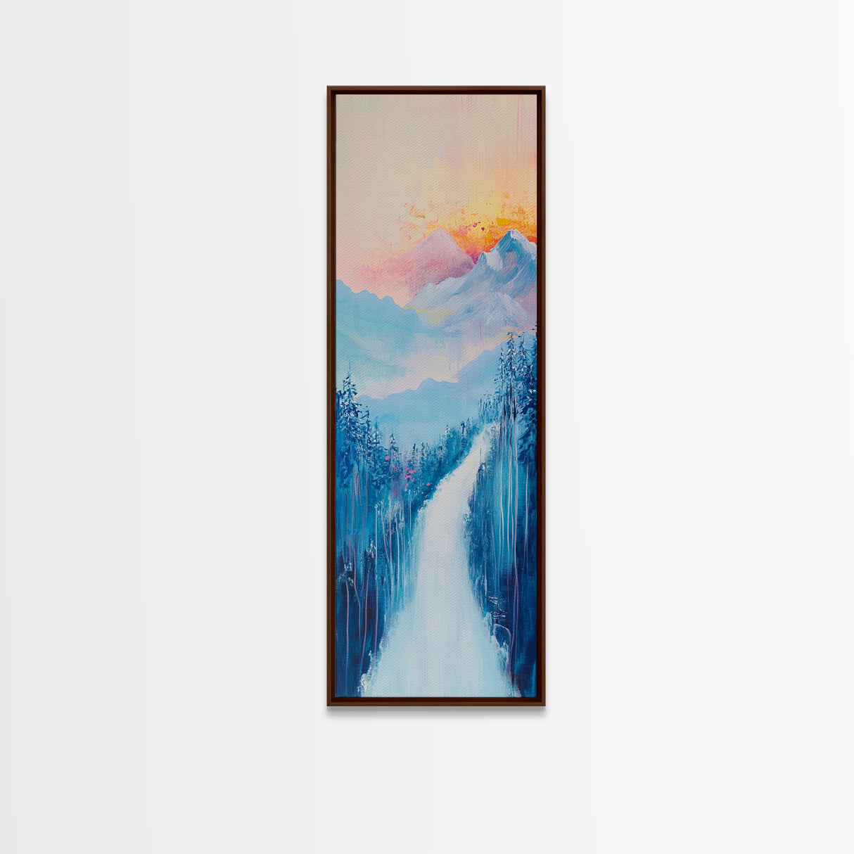 Sunset Over Mountains, pink orange wall art, mountain painting, framed canvas print, extra wide art