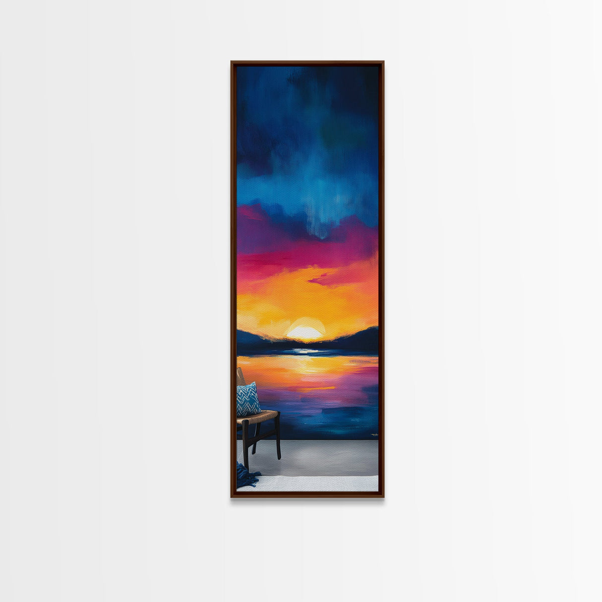 Sunset Over Water, Lake Tahoe Art, Bold Colors, Framed Canvas Print, Tall Narrow Art, Boho Art, Above Bed Wall Art, Panoramic Art