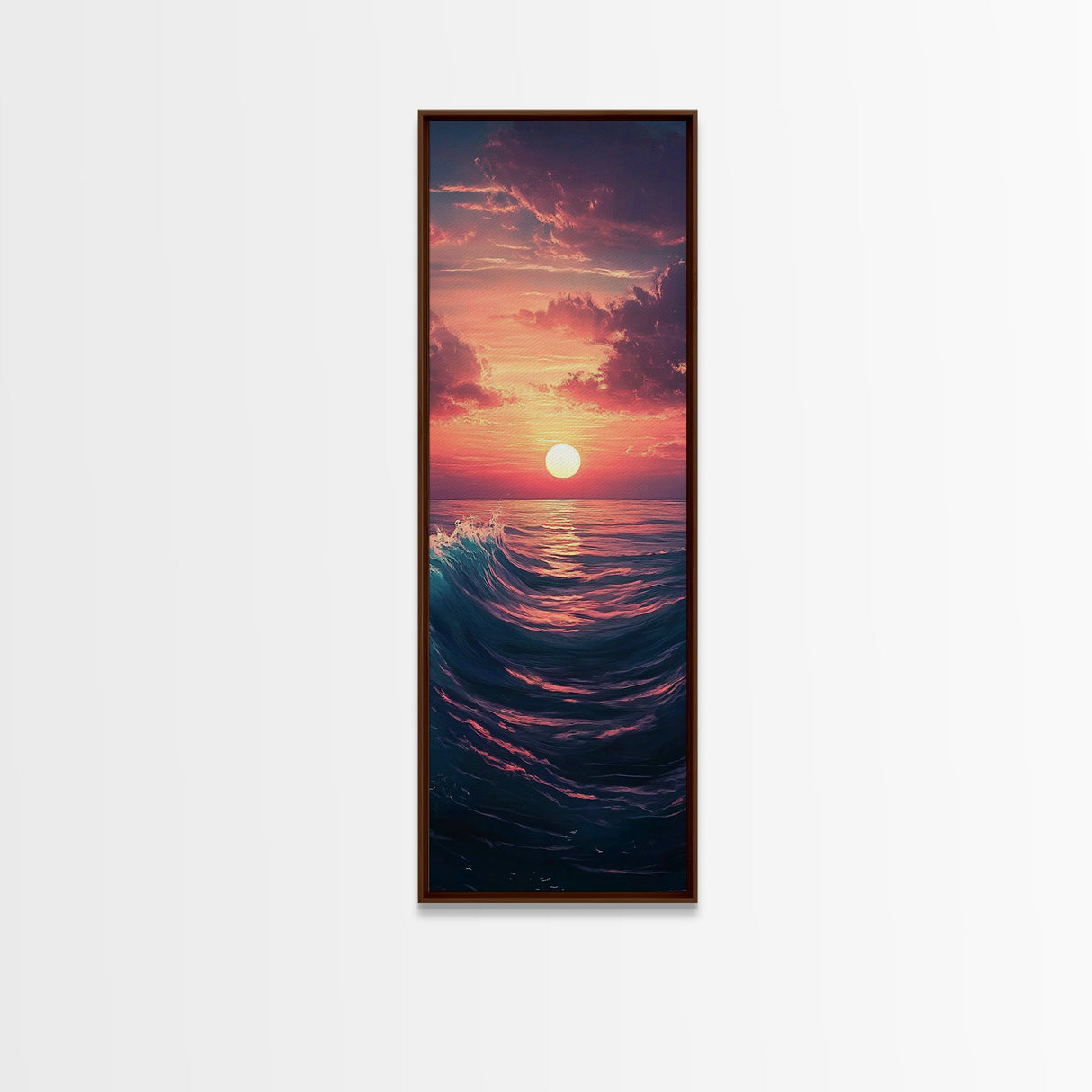 Tropical Sunset, Palm Trees, Ocean Waves, Framed Canvas Print, Coastal Painting, Nautical Decor, Extra Wide Art, Panoramic Art