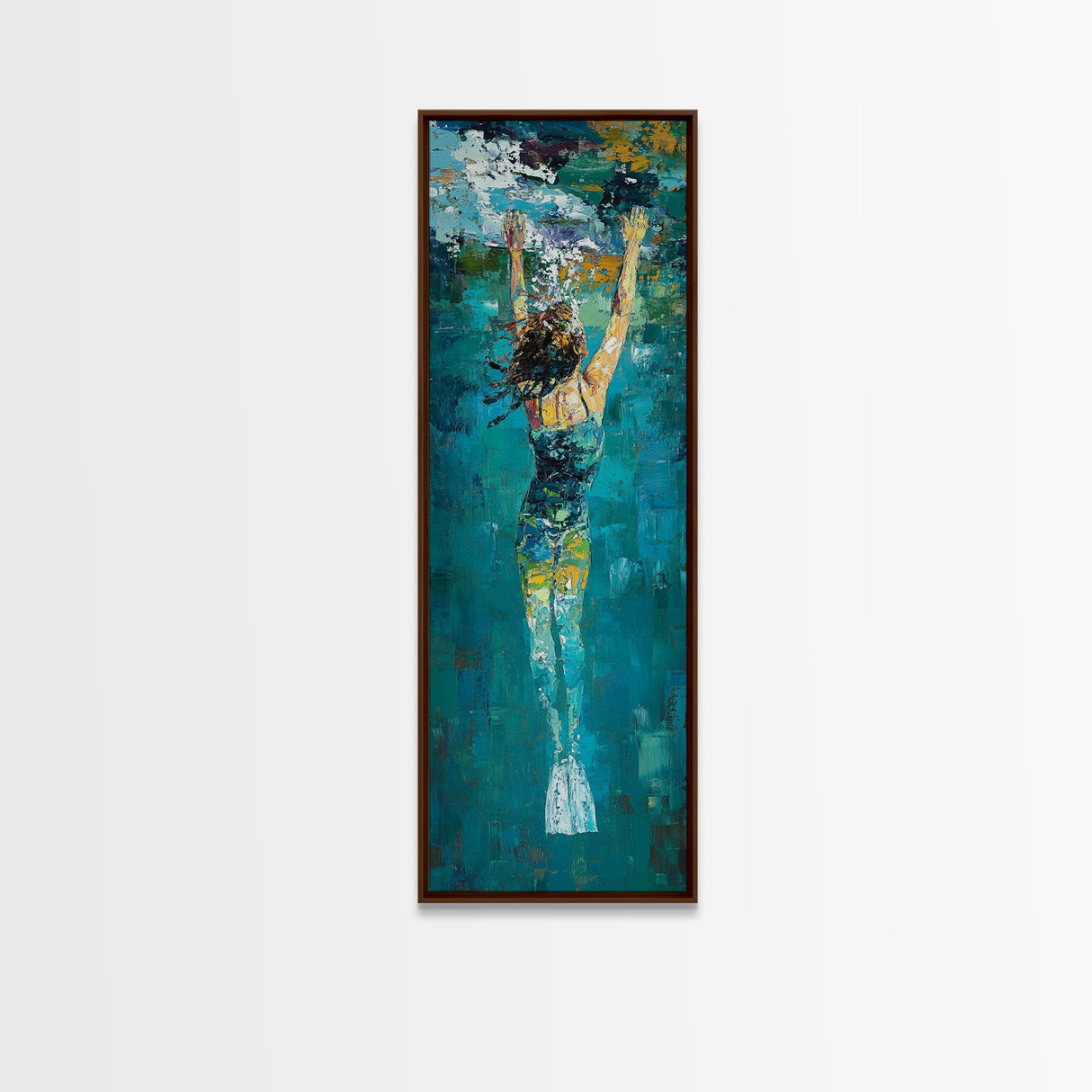 Woman Swimming, Coastal Painting, Framed Canvas Print, Surf Wall Art, Ocean Art, Blue and Green Wall Art, Abstract Art