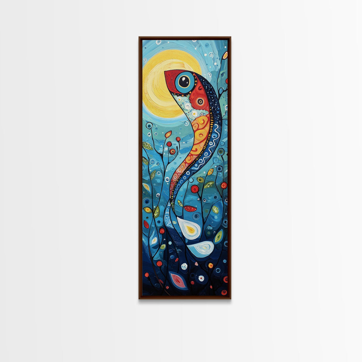 Koi Fish Fantasy, koi fish painting, whimsical art, framed canvas print, vibrant wall art, long narrow wall art, tall skinny art