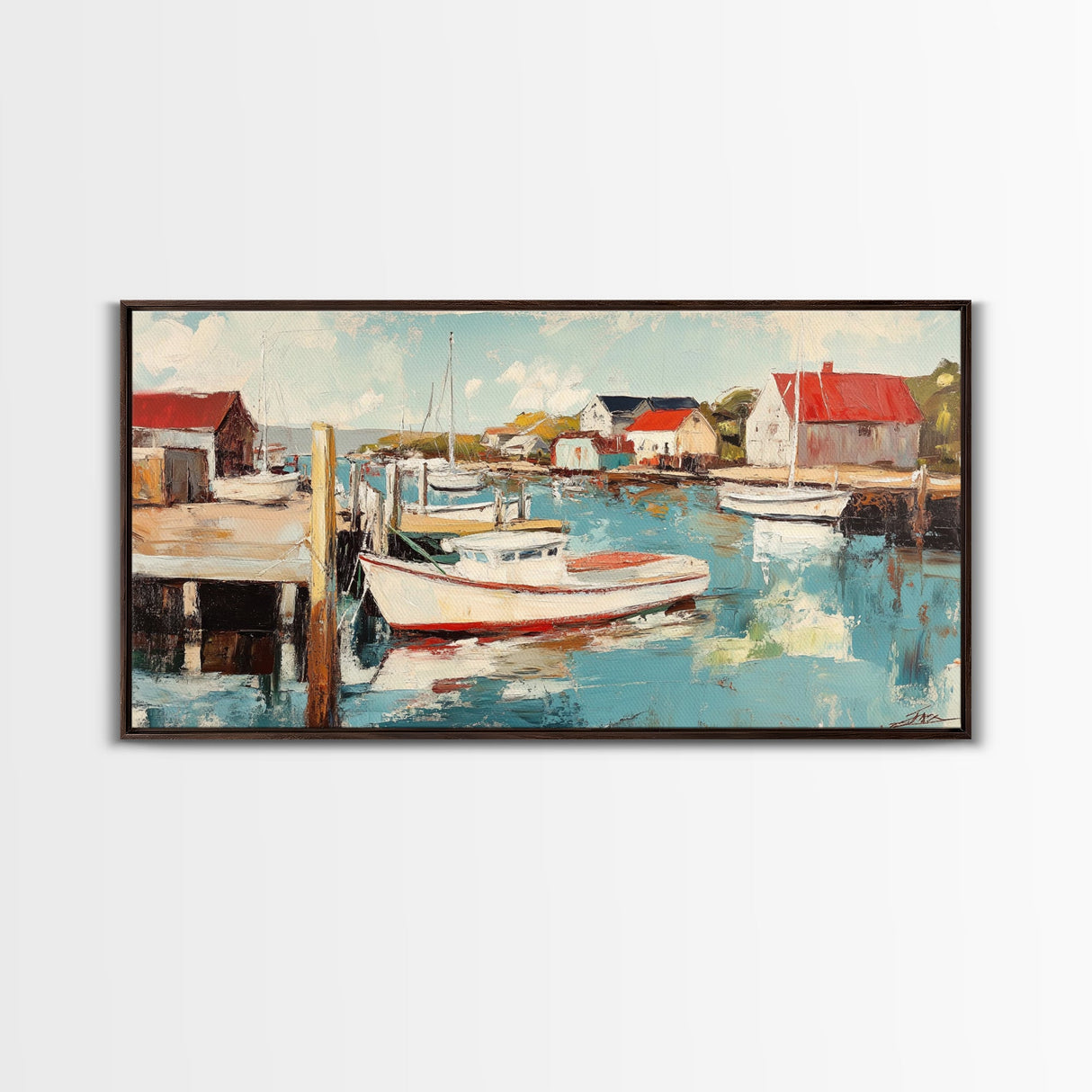 Harbor Boats, Nantucket painting, coastal painting, nautical wall art, fisherman painting, framed canvas print, extra wide art
