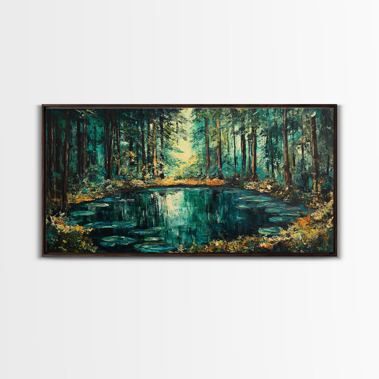 Enchanted Forest Pond, Canvas Print, landscape painting, pine tree art, forest at dusk painting, lake Tahoe art, extra wide art
