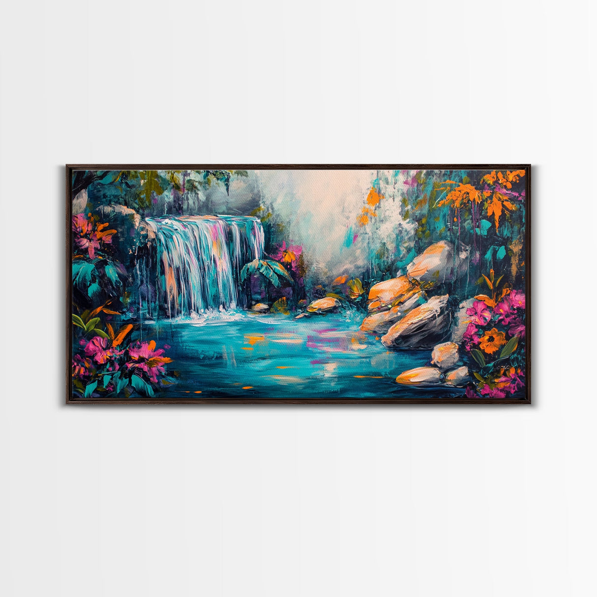 Vibrant Waterfall, Canvas Print, landscape painting, moody art, tropical art, teal wall art, extra wide art, rustic decor