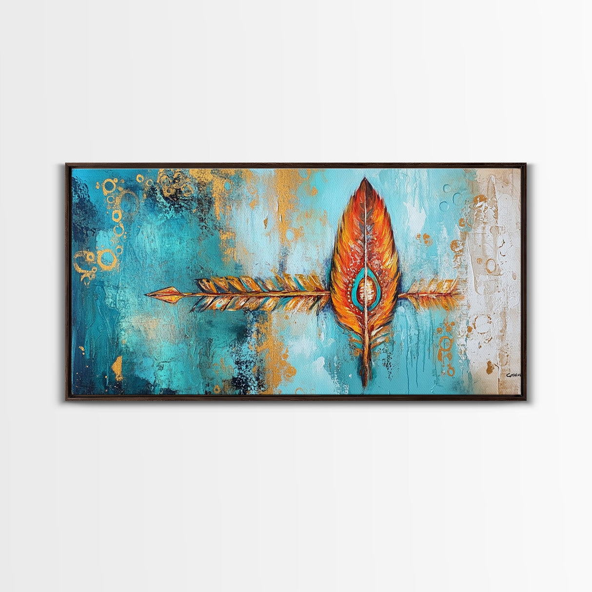 Tribal Arrow, Framed Canvas Print, geometric wall art, teal wall art, sacred geometry wall art, boho art, extra wide art