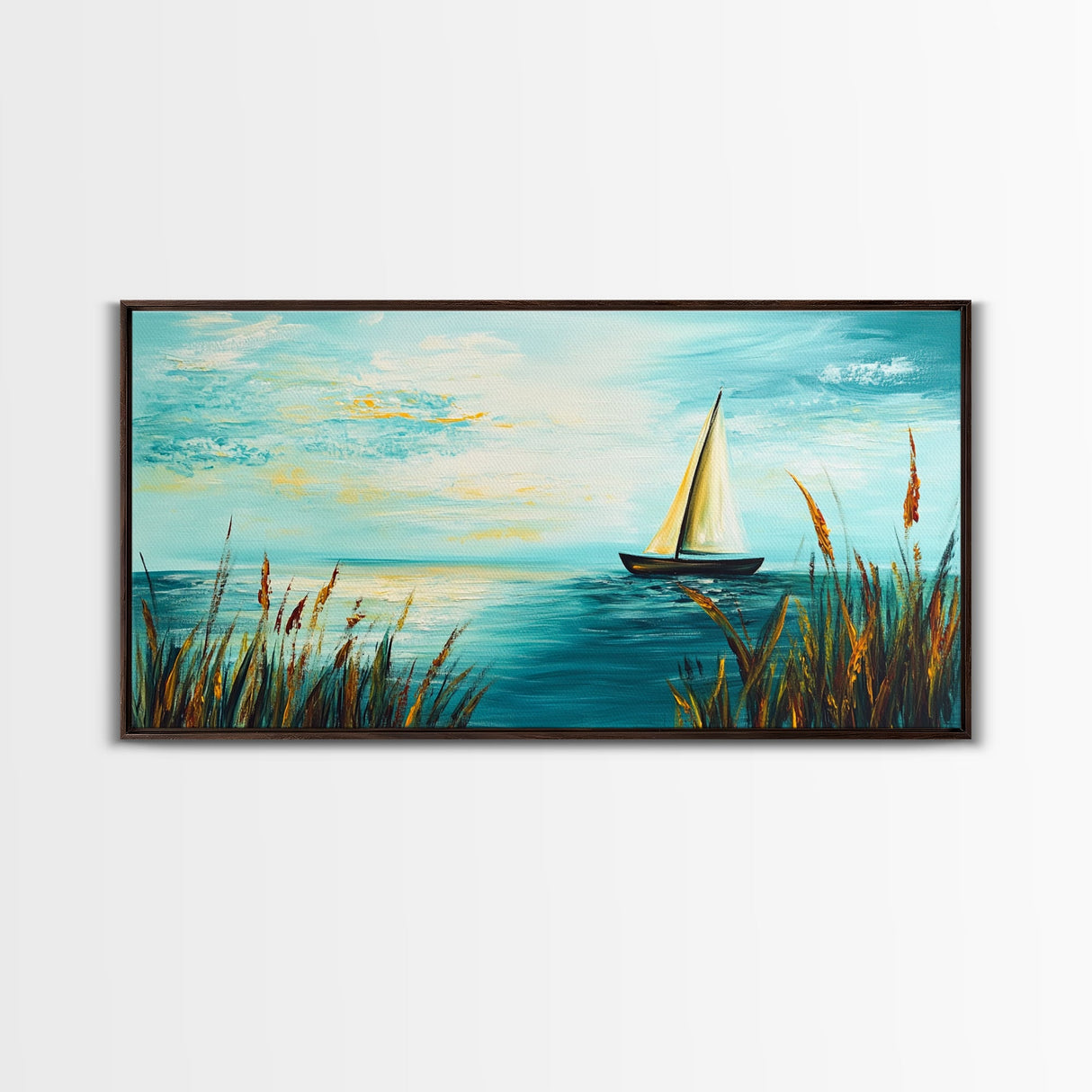 Serene Sailboat, Canvas Print, sailboat painting, coastal painting, nautical wall art, blue and green wall art, extra wide art
