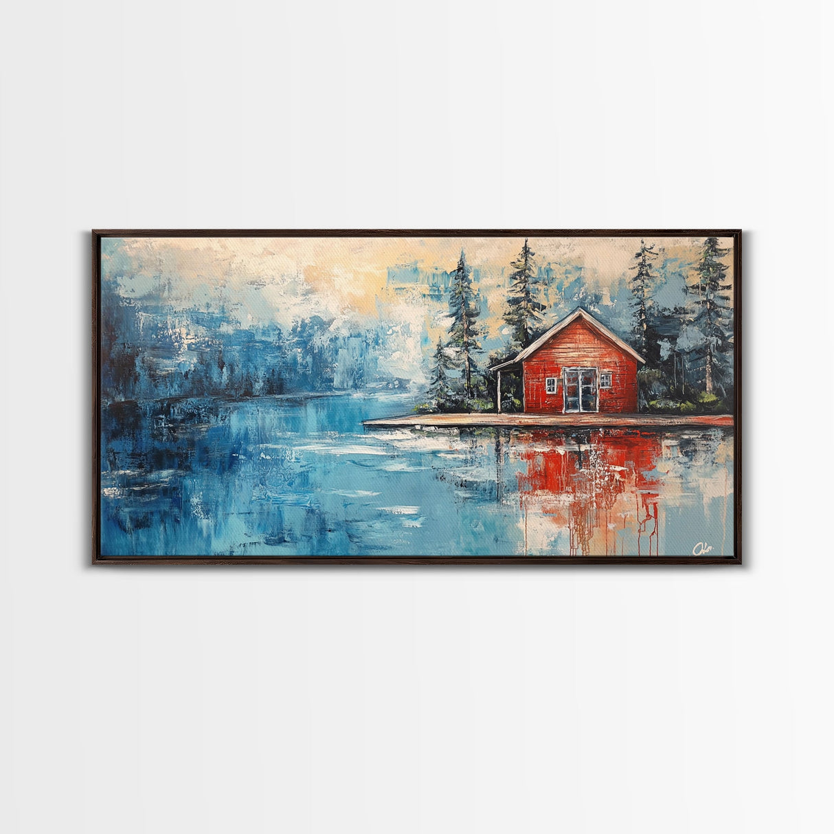 Red Cabin Painting, Lake Tahoe Art, Rustic Wall Art, Barn Landscape Oil Painting, Framed Canvas Print, Above Couch Art, Bedroom Art