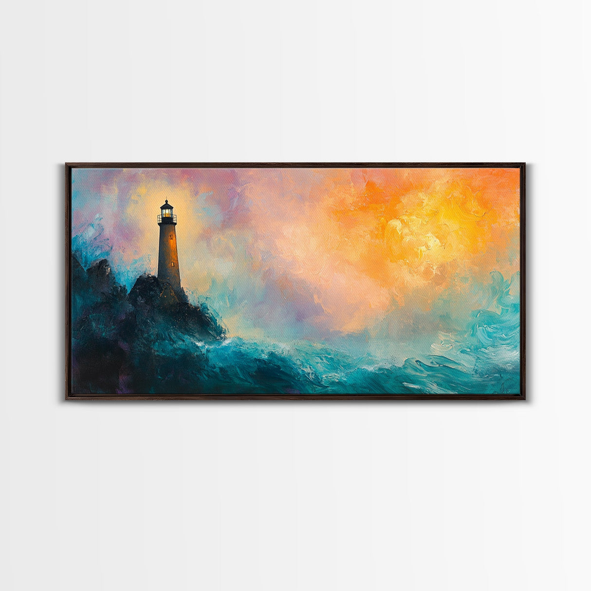 Lighthouse Sunset, coastal painting, nautical wall art, seascape painting, lighthouse art, framed canvas print, panoramic art