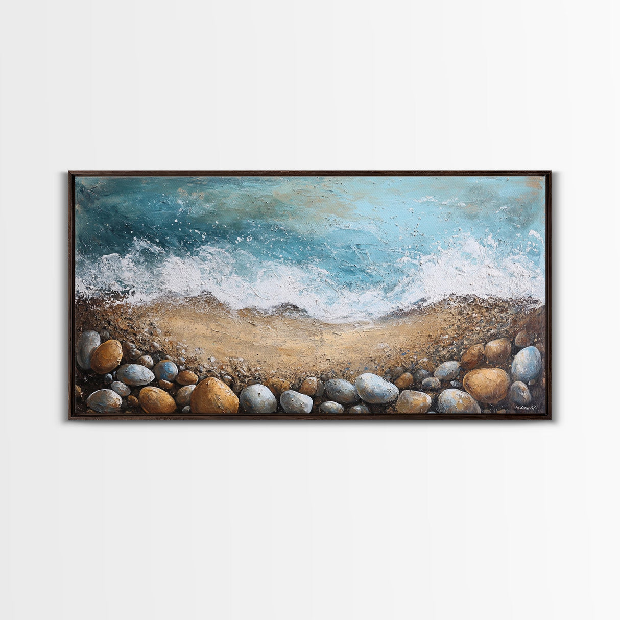Oyster painting, coastal decor, framed canvas print, seascape painting, nautical wall art, extra wide art, textured beach painting