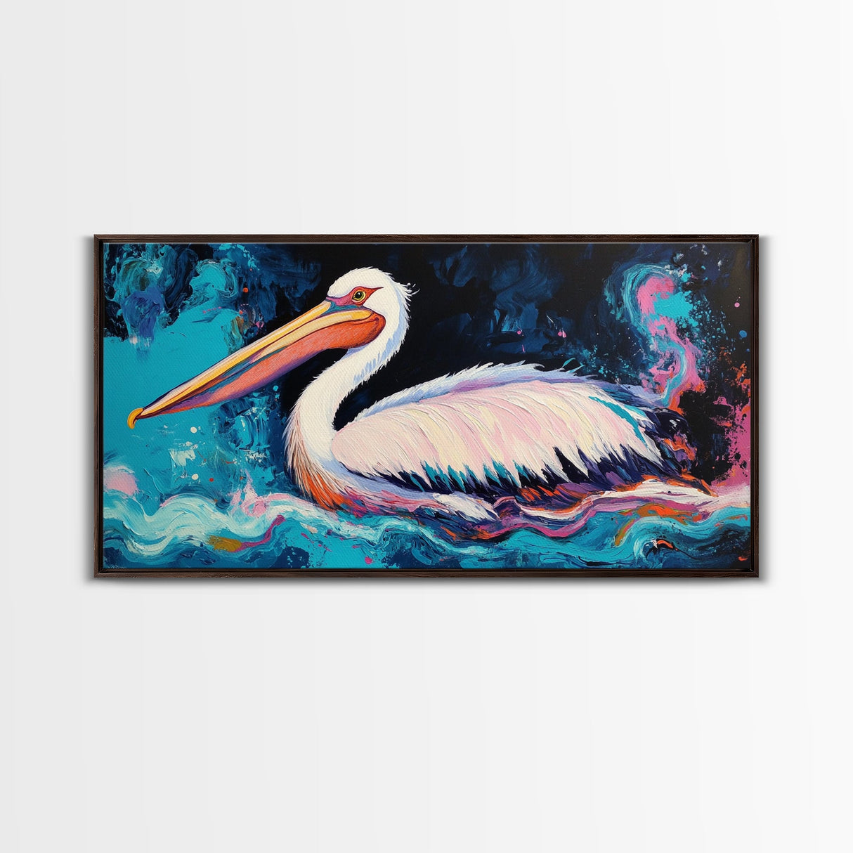 Bird art, pelican painting, framed canvas print, coastal decor, extra wide art, tropical painting, colorful abstract wall art