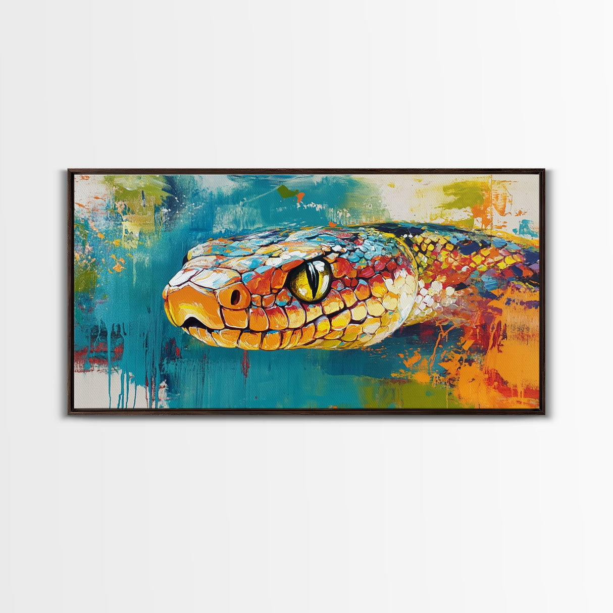 Colorful Snake, wildlife painting, framed canvas print, reptile wall art, bold abstract art, extra wide art, rustic decor