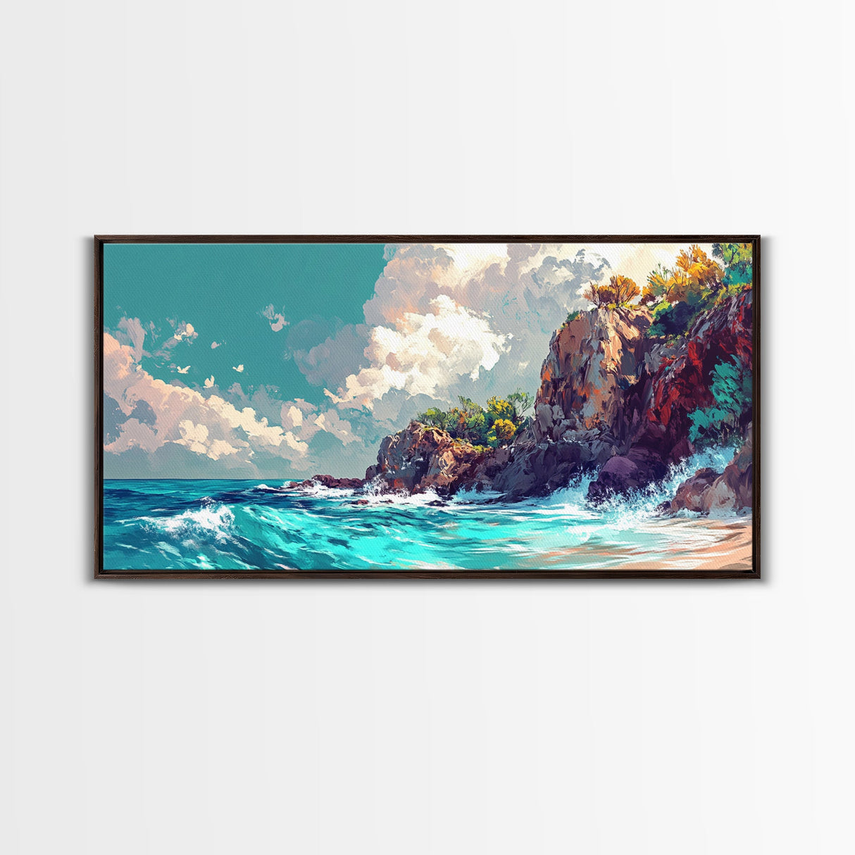 Rocky Cliff Beach, coastal landscape art, framed canvas print, seascape painting, nautical decor, extra wide art, above couch art