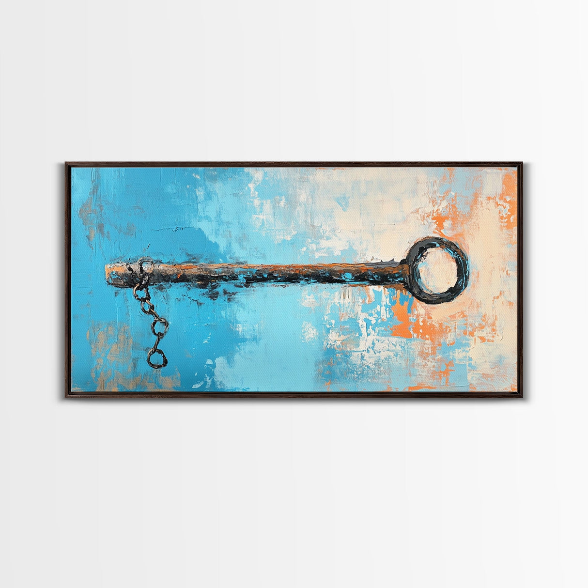 Rustic Key Painting, teal wall art, farmhouse art, coastal decor, framed canvas print, wabi sabi art, extra wide art, moody art