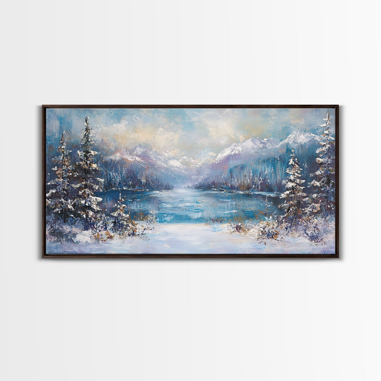 Lake Tahoe Art, Snowy Landscape, Winter Cabin Decor, Framed Canvas Print, Blue and Green Wall Art, Horizontal Wall Art