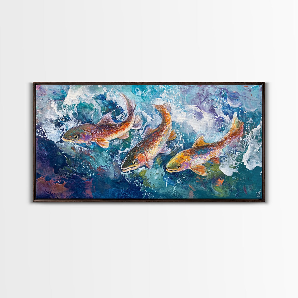 Koi Fish Painting, Framed Canvas Print, fly fishing art, trout art, extra wide painting, colorful fish painting, panoramic art