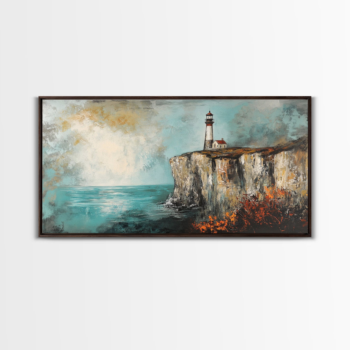 Lighthouse at Cliff, nautical wall art, coastal decor, dramatic seascape painting, panoramic painting, Framed Canvas Print, above sofa art