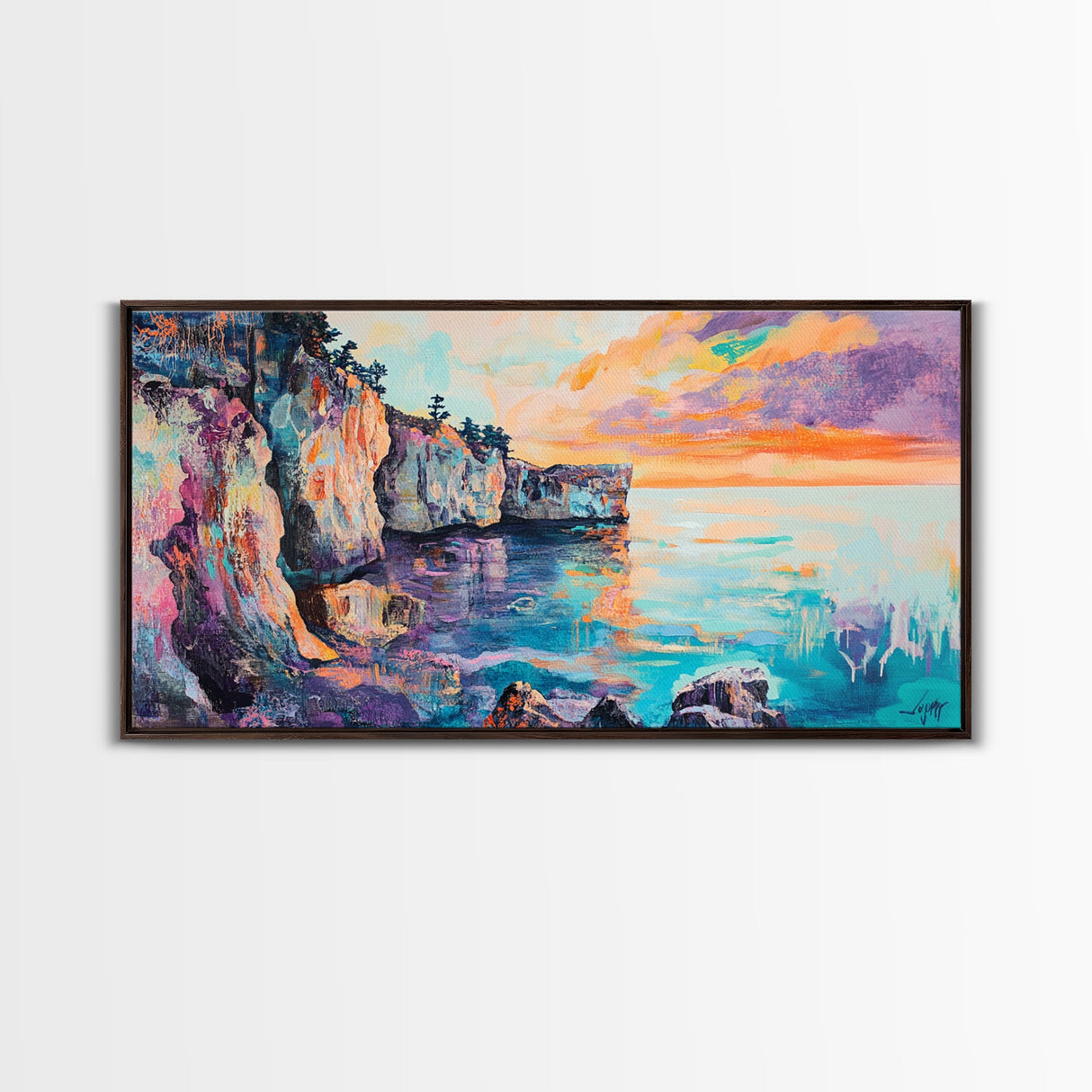 Sunset Over Cliffs, Coastal Painting, Ocean Landscape, Coastal Decor, Nautical Wall Art, Horizontal Wall Art, Framed Canvas Print