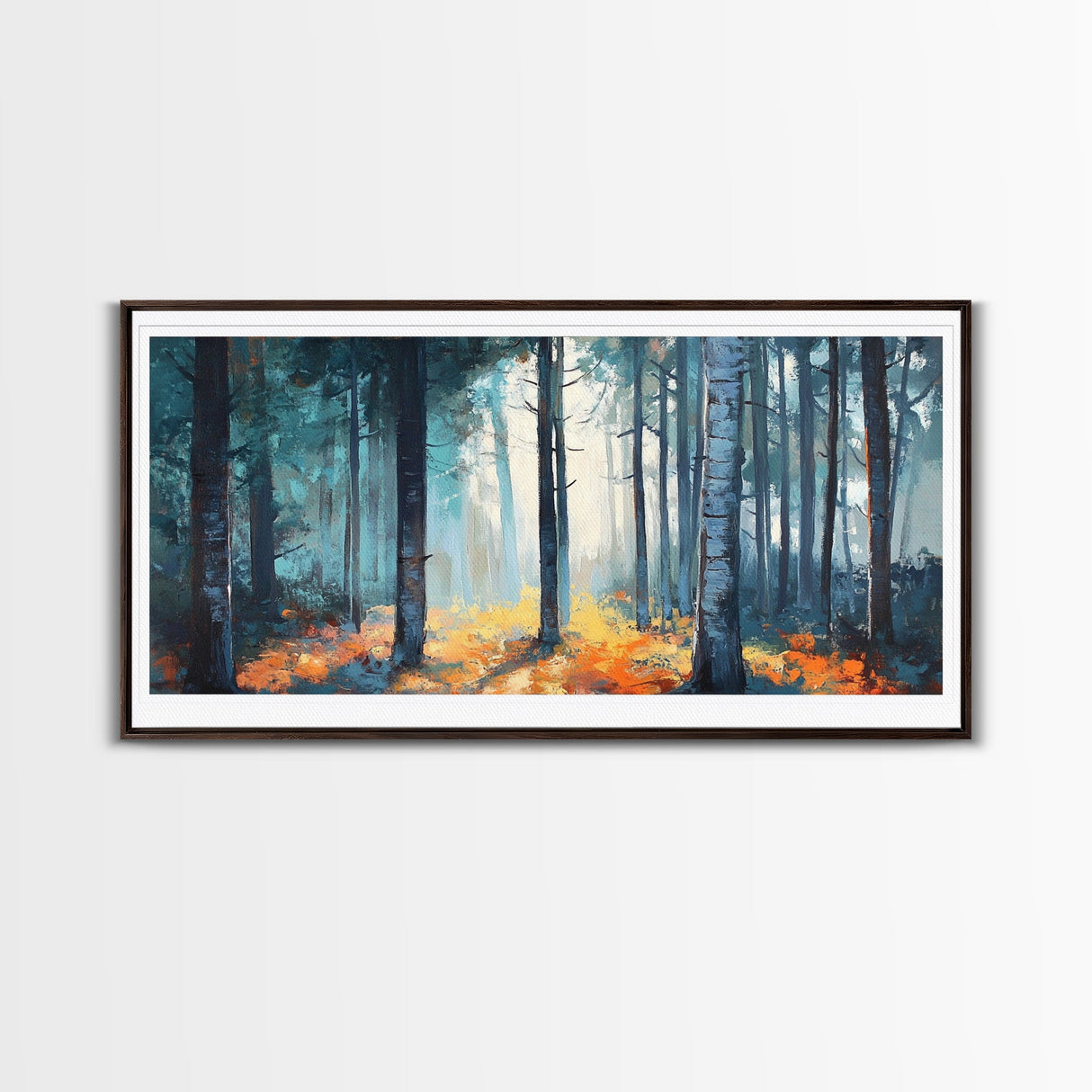 Enchanted Birch Forest, Pine Tree Art, Autumn Landscape, Birch Tree Painting, Rustic Wall Art, Framed Canvas Print, Extra Wide Art