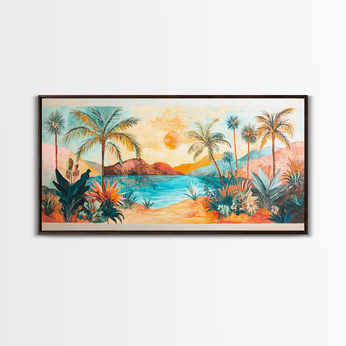 Tropical Sunset Art, Coastal Landscape Art, Boho Wall Art, Palm Tree Painting, Pink Orange Wall Art, Extra Wide Art, Canvas Print