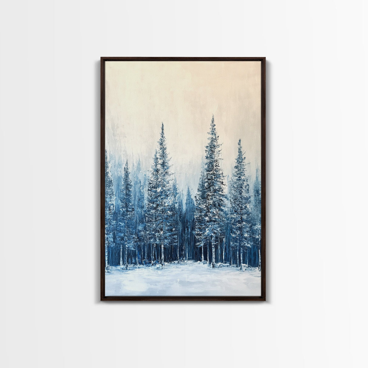 Winter Forest Scene, pine tree art, rustic wall art, moody art, landscape painting, minimalist art, Framed Canvas Print